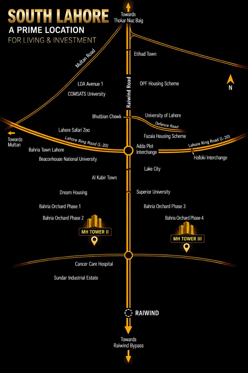 South Lahore map showing MH Tower II and MH Tower III along Raiwind Road